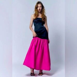Zara black fuchsia contrast strapless long maxi dress sz.XS